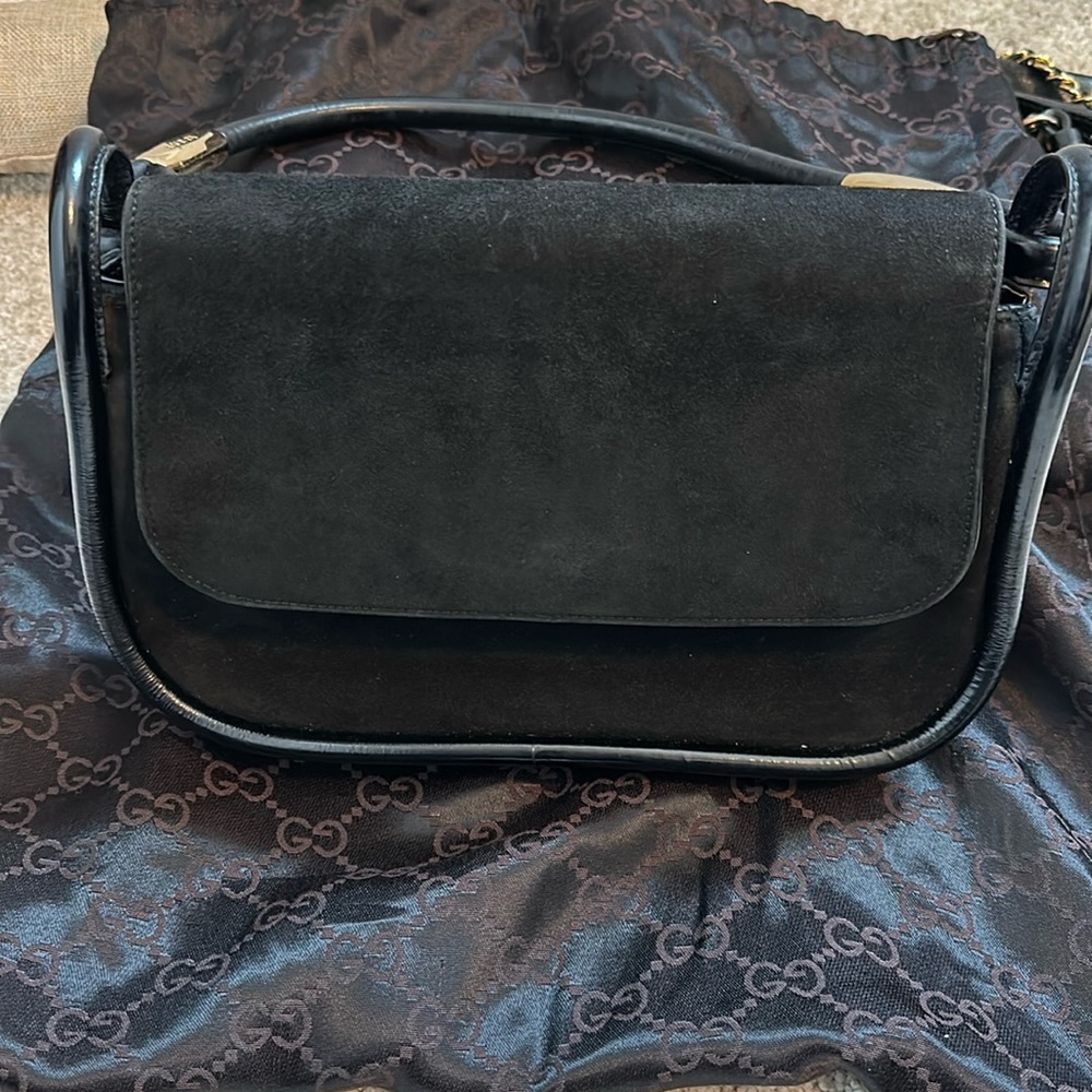 Beautiful Gucci Vintage bag needs a rehab black suede with gold hrdwr.